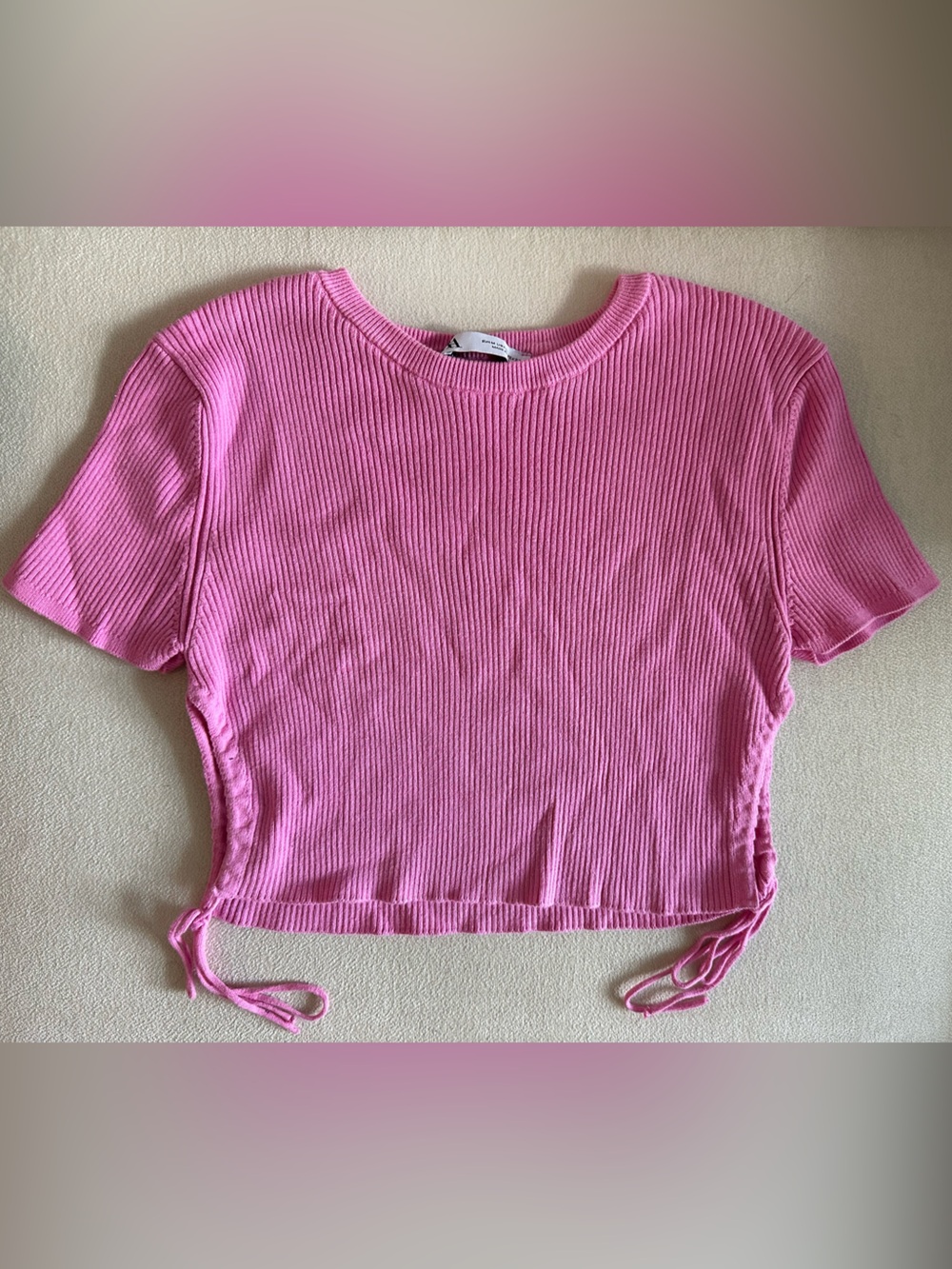 Zara Pink Ribbed Short-Sleeve Top with Side Drawstrings